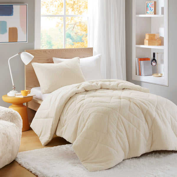 JLA Home Comfort Spaces - Double Diamond Plush Teddy Comforter Set with Double Diamond Quilting, Oeko-Tex, All-Season Cozy Luxury Ivory AM10-0265