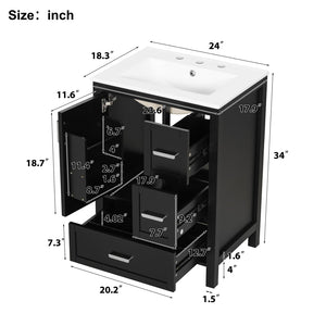 English Elm Modern 24 Inch Bathroom Vanity Solid Wood Cabinet with Ceramic Sink and Soft Close Storage Black N729P292859B