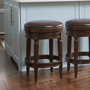 English Elm 26in. Faux Leather Swivel Barstool Nailhead Trim Carved Wood Counter Height Kitchen B2751P436436