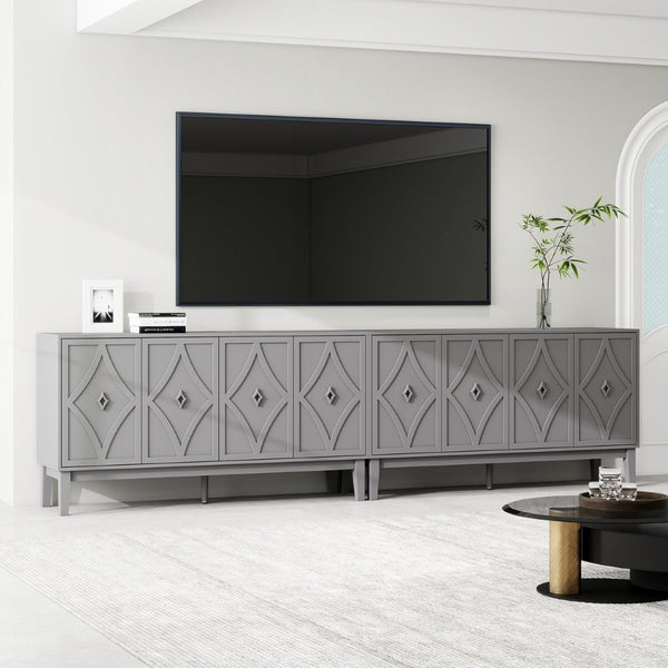 English Elm 4 Door Sideboard Buffet with Hand Carved Geometric Panels Black Oak Finish Raised Legs W688P359831
