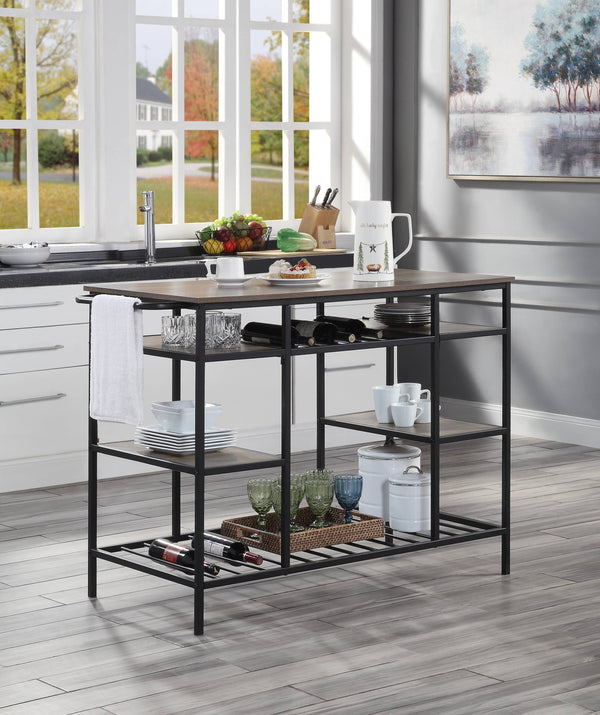 English Elm Lona Rustic Oak Kitchen Island with Black Metal Frame, 6 Open Shelves, 100lb Top Capacity B2726P272332