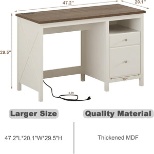 English Elm 47" Farmhouse Wood Writing Desk with Charging Station, 2 Drawers, Open Shelf & Ergonomic Workspace for Home Office and Vanity Beige+Brown T3771P351922