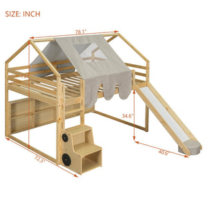 English Elm Full Size Kids House Loft Bed Pinewood Frame with Tent Slide and Play Storage Natural LT000683AAD