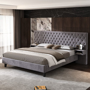 Christopher Knight Home® - Noble House - - King Size Platform Bed With Headboard, Modern Velvet Upholstered Platform Bed With 2 Nightstands, With Diamond Tufted, Grey