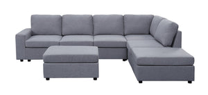 English Elm Cassiana Seven Seat Linen Modular Sectional with Ottoman for Open Living Spaces Light Gray B2749S00049