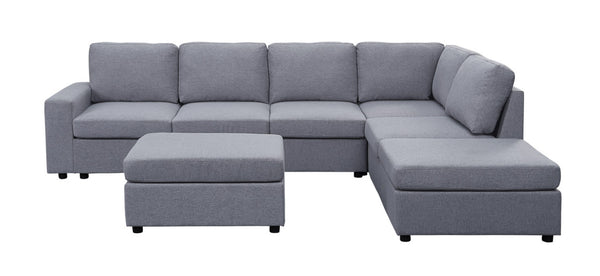 English Elm Cassiana Seven Seat Linen Modular Sectional with Ottoman for Open Living Spaces Light Gray B2749S00049