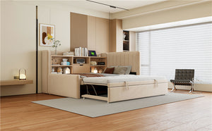 English Elm Twin Upholstered Daybed with Pull-Up Trundle, Velvet High Back with Shelves, Flip Storage & USB Beige SF000194AAA