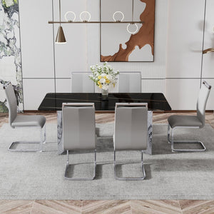 English Elm Table And Chair Set - Modern Glass Top With Black Marble Design And 6 Light Gray Pu Chairs For Dining W1151S02605-GIGA