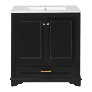 English Elm 30" Elegant Bathroom Vanity with Ceramic Sink, French-Inspired Compact Cabinet with Drawer & Shelf Black N710P317676B