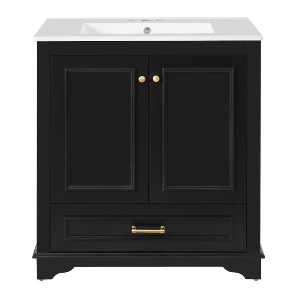 English Elm 30" Elegant Bathroom Vanity with Ceramic Sink, French-Inspired Compact Cabinet with Drawer & Shelf Black N710P317676B