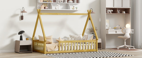 English Elm Twin Tent-Shaped Floor Bed With Guardrails – Cozy Teepee Design For Safe, Imaginative Sleep Space W504P345777-GIGA