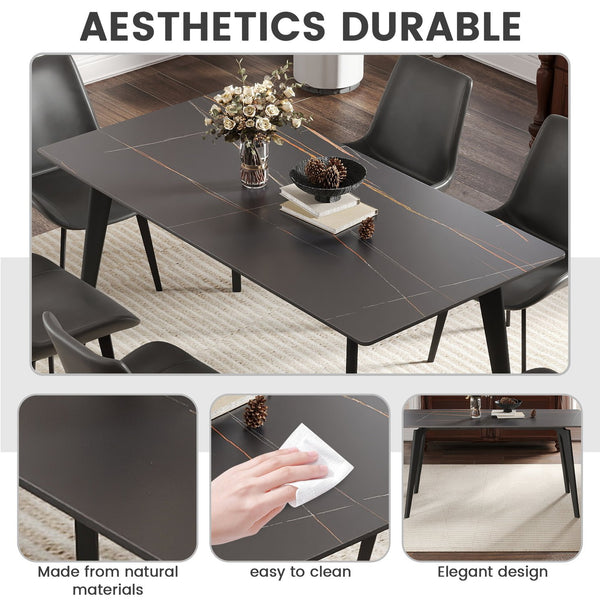 English Elm 62.99" Modern Artificial Stone Dining Table With Black Metal Legs – Seats 6 For Stylish Gatherings W1535S00513