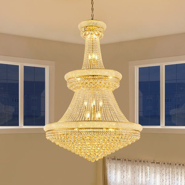 English Elm Luxury Gold Crystal Chandelier 42" 3-Tier Empire with 36 E12 Lights, 480+ K9 Crystals, Hand-Strung Elegance W2869S00003