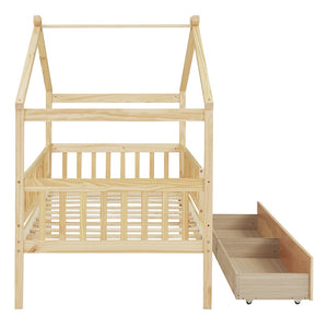 English Elm Twin House Bed Pine Wood Frame with Storage Drawers Kids Bedroom Playful Design Natural WF302181AAN