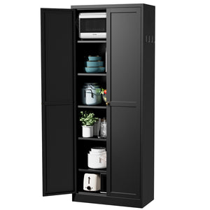 English Elm 61" Matte Black Steel Freestanding Pantry Cabinet with 4 Adjustable Shelves Modern Farmhouse T2398P465984