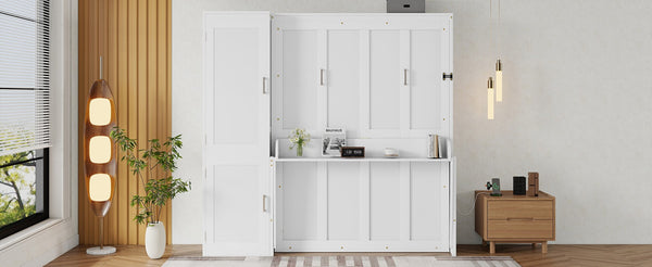 English Elm Queen Murphy Wall Bed with Integrated Desk Gas Strut Lift White Cabinet for Small Spaces W504S00271