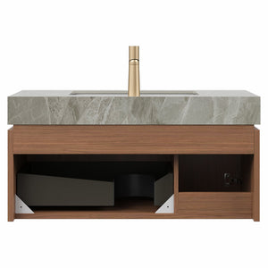 English Elm MURI Modern Wall-Mounted Vanity with Sintered Stone Top and Ceramic Basin, Plywood Cabinet, 39" Brown Oak,Light Gray W2615S00335