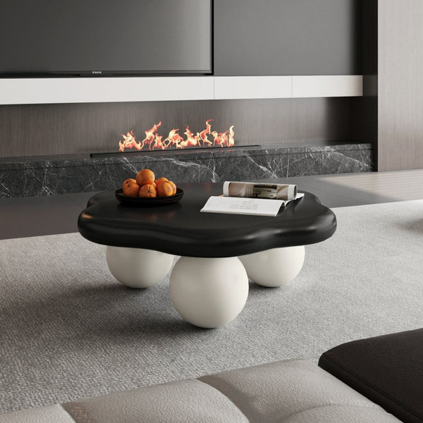 English Elm 35" Cloud Shaped Mdf Coffee Table Sculptural Round Top with Spherical Legs for Modern Living Black White W1435S00029