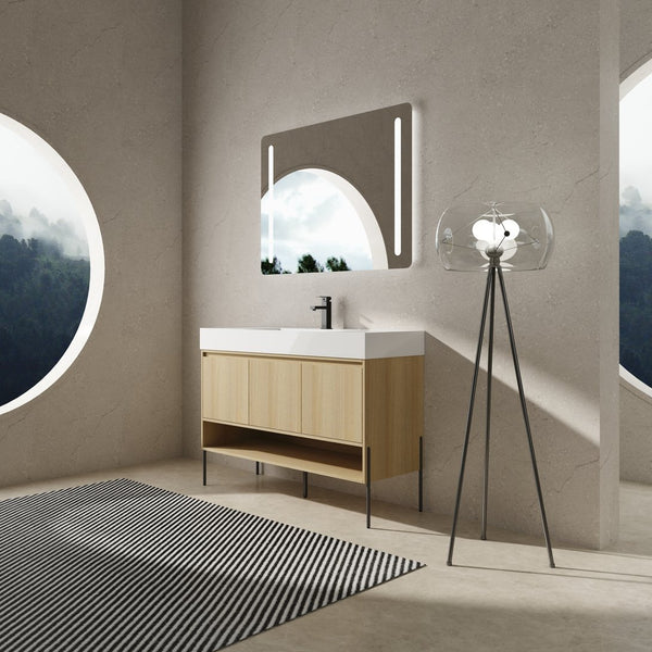 English Elm 48" Oak Bathroom Vanity Combo with One-Piece Resin Sink, Tripod Legs, Multi-Layer Solid Wood Cabinet W1972S00010