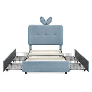 English Elm Twin Kids Boucle Upholstered Bed Rabbit Ear Headboard Led Lighting Four Storage Drawers Navy W1413P384922