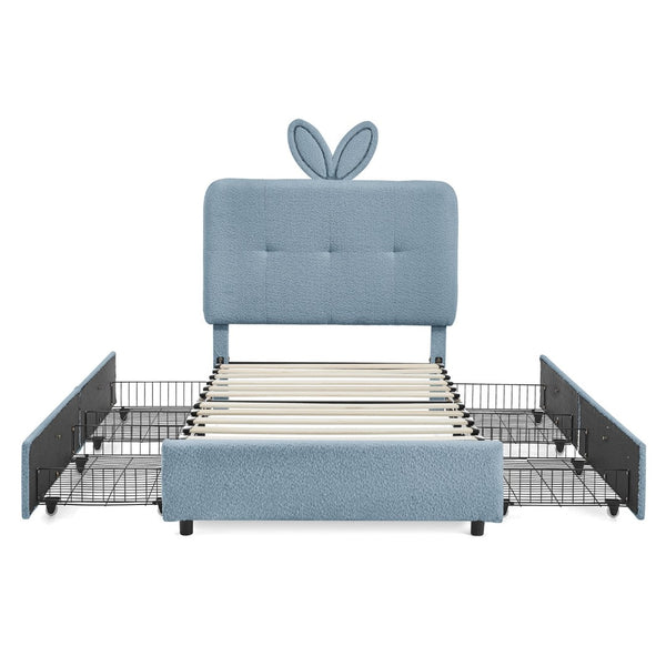 English Elm Twin Kids Boucle Upholstered Bed Rabbit Ear Headboard Led Lighting Four Storage Drawers Navy W1413P384922