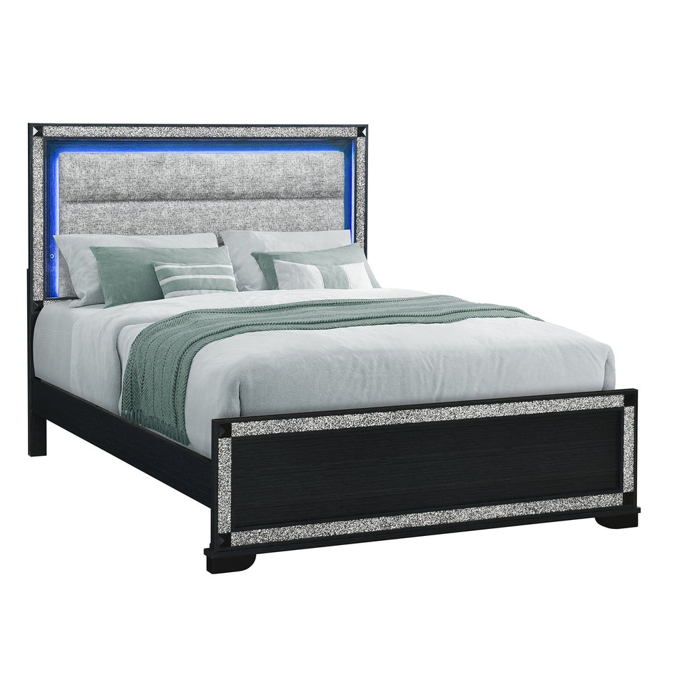 English Elm Soulmarie Solid Wood King Bed with Padded Headboard, LED Lights, Glitter Detail & Curved Legs Charcoal 66.54 L x 7.87 W x 34.65 H B201S00451