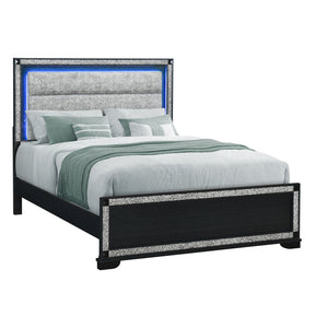 English Elm Soulmarie Solid Wood King Bed with Padded Headboard, LED Lights, Glitter Detail & Curved Legs Charcoal 66.54 L x 7.87 W x 34.65 H B201S00451