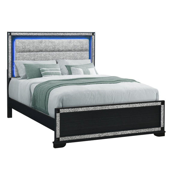 English Elm Soulmarie Solid Wood King Bed with Padded Headboard, LED Lights, Glitter Detail & Curved Legs Charcoal 66.54 L x 7.87 W x 34.65 H B201S00451
