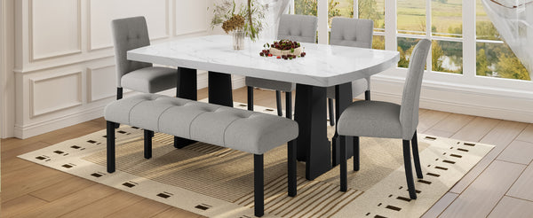 English Elm 6 Piece Dining Set with Rectangular Solid Wood Table, Upholstered Chairs & Bench, Rustic Charm, Easy Assembly, Seats 6 Gray,White N752S000011E