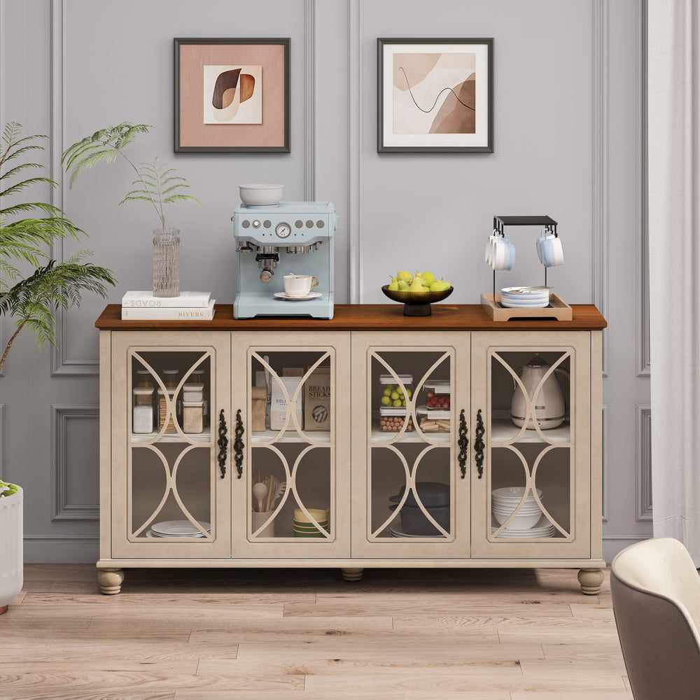 English Elm Elegant European Vintage 4-Door Display Cabinet with Tempered Glass, Solid Wood Legs, Adjustable Shelves, Stylish Storage for Living & Dining Rooms Beige W757P232701