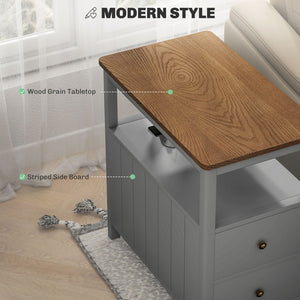 English Elm Side Table with Built-in Power Hub Dual Usb Ports Open Shelf and Two Drawers T3971P405374