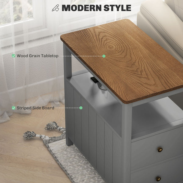 English Elm Side Table with Built-in Power Hub Dual Usb Ports Open Shelf and Two Drawers T3971P405374