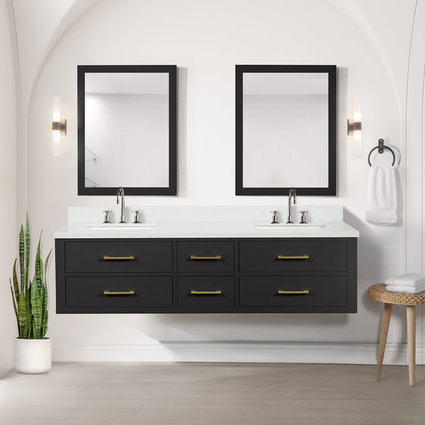 English Elm Black Double Bath Vanity Set With White Quartz Top, 72" Width, Soft-Close Doors & 34" Mirrors B2731S01575