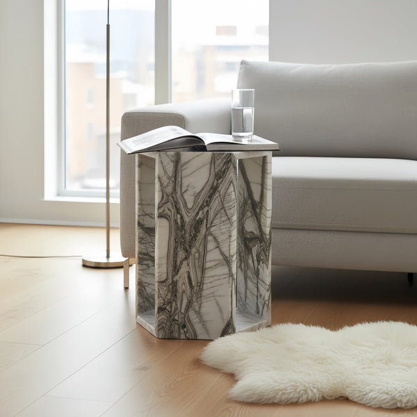 English Elm Genuine Solid Marble Hexagonal Pedestal End Table Polished Stone for Modern Living White+Multi W1696P408000