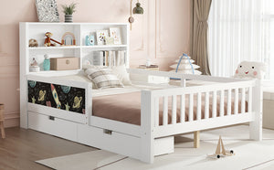 English Elm Full Solid Wood Platform Bed with Chalkboard Headboard, Storage Drawers & Shelves, Kid-Friendly White Off White W1580P362707