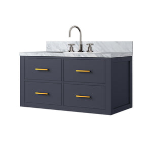 English Elm Blue Single Bath Vanity With Carrara Marble Top And Polished Chrome Faucet Set - Elegant Design! B2731P257968