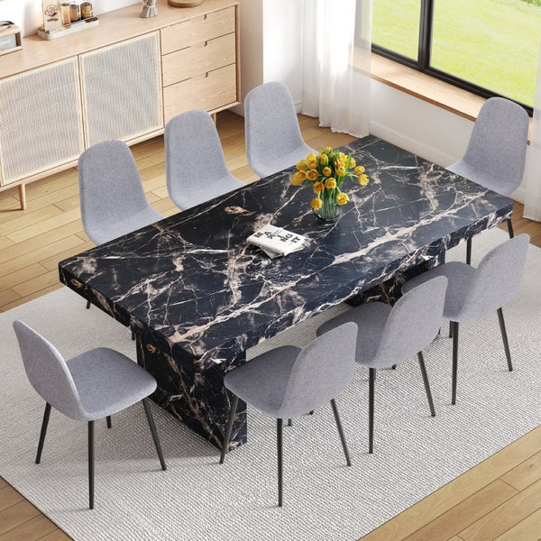 English Elm Table and Chair Set Seats Eight with Marble Pattern Mdf Top Brown Fabric Dining W1151S04134