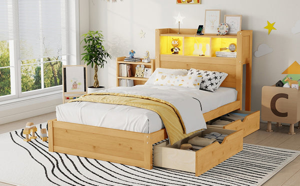 English Elm Twin Wood Storage Bed with Led Headboard Drawers and Pull Out Cabinet for Kids Natural W2593S00049