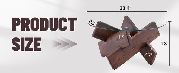 English Elm Round glass coffee table with tempered clear top, walnut MDF legs, adjustable anti-slip feet, modern centerpiece W1151P230572