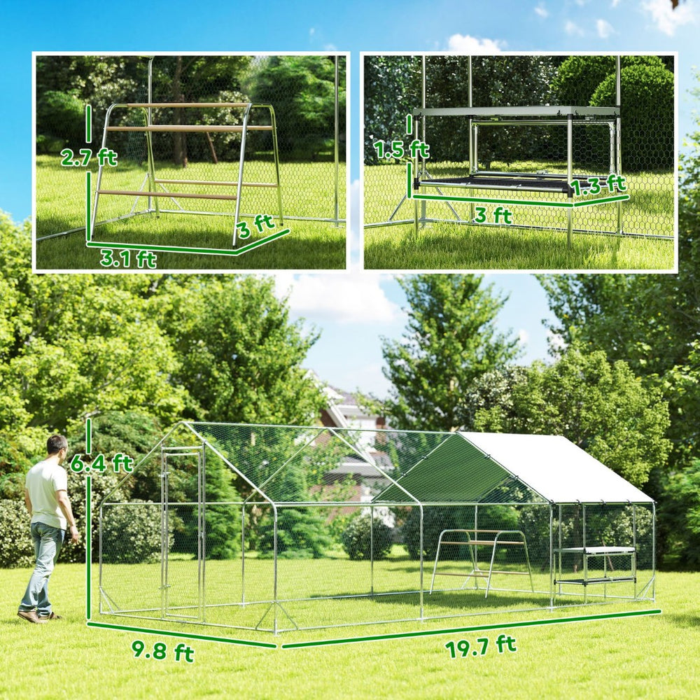 English Elm Chicken Coop Walk in Run with Galvanized Steel Frame and Waterproof Canopy for 24 Birds T3971P433870