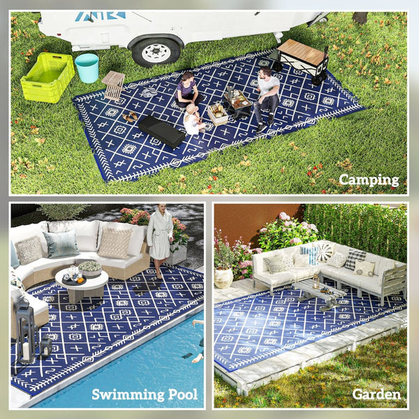 English Elm Easy Fold Reversible Polypropylene Outdoor Rug with Geometric Print and Carry Bag T3971P421387