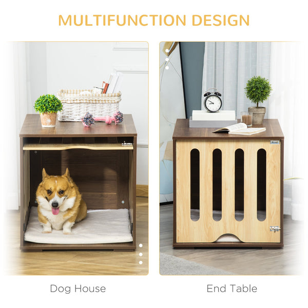 English Elm PawHut Modern Dog Crate End Table with Removable Sliding Door, Foam Cushion, Lock, Indoor Pet Haven Brown W2225P217302