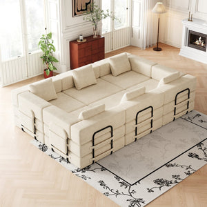 English Elm 6 Seater Corduroy Floor Sofa Bed with Storage Pockets and High Density Foam Cushions W3505S00020