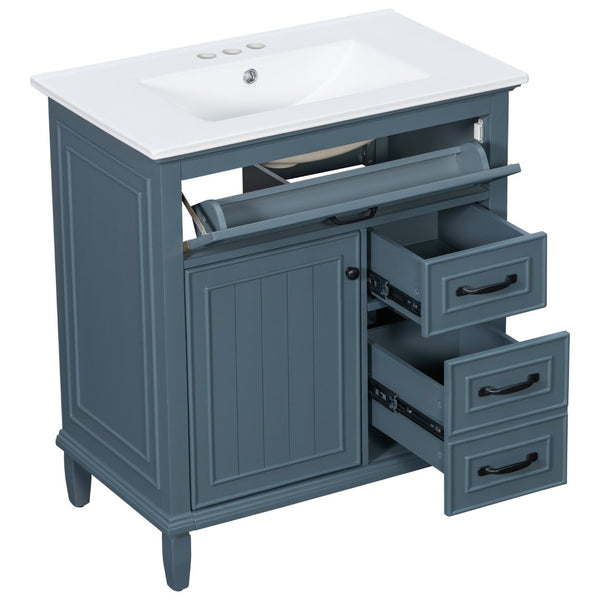 English Elm 30 Inch Freestanding Bathroom Vanity Solid Pine Cabinet Ceramic Sink Top Storage Blue Gray N725P412782C