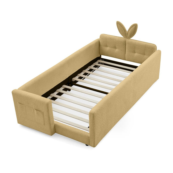 English Elm Twin Boucle Upholstered Kids Bed with Rabbit Ear Headboard Safety Rail and Side Pocket W1413P410784