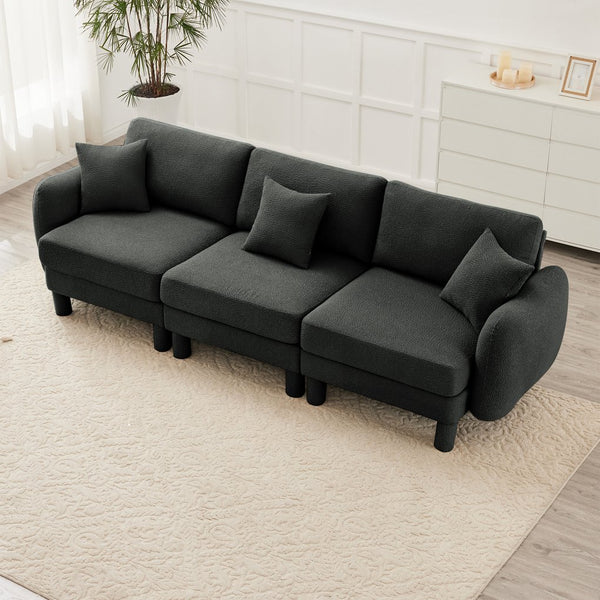 English Elm Boucle 3-Seater Sofa With Shell-Shaped Armrests & Cylindrical Legs - Dark Grey Modern Elegance W3041S00300