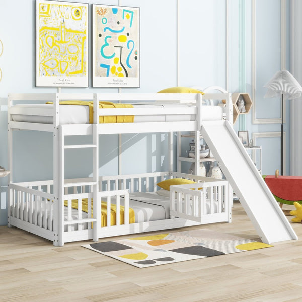 English Elm Twin Over Twin Floor Bunk Bed With Slide & Ladder - Solid Pine Wood, White Finish, Safe & Fun Design! W504S00190-GIGA
