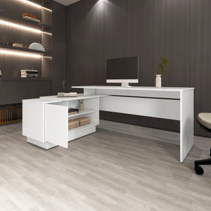 English Elm White L-Shaped Desk with Secure Cabinet and Five Shelves, Spacious Corner Workstation, Modern Finish B062S00601