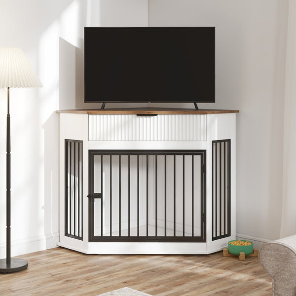 English Elm 44.6'' Corner Mdf Dog Kennel Cabinet with Fluted Drawer End Table for Modern Living White W5216P415904