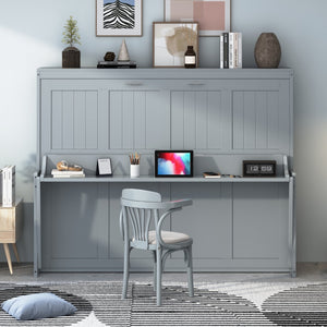 English Elm Full Size Murphy Bed With Hydraulic Lift & Integrated Desk For Space-Saving, Gray Pinewood Design N820S00032E